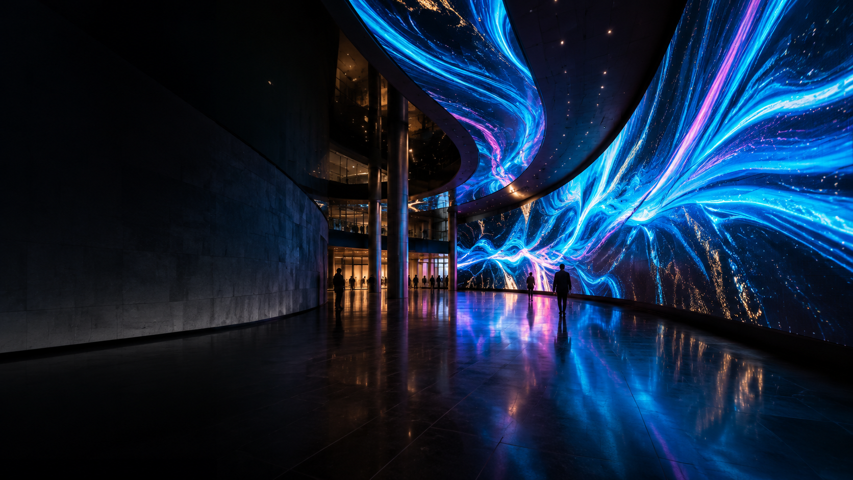 Immersive curved LED installation in a contemporary urban atrium