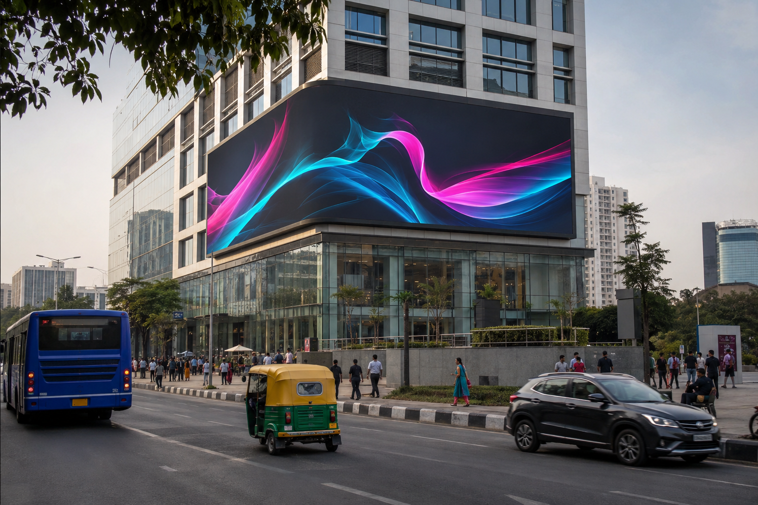 Digital billboard mounted on a contemporary urban building