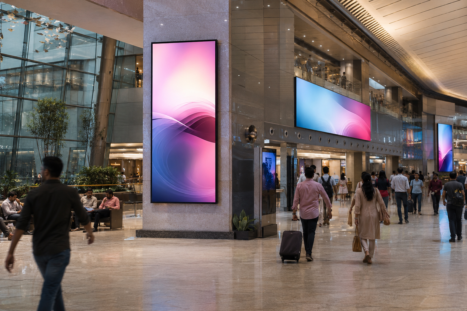 Premium indoor digital displays in a modern public concourse